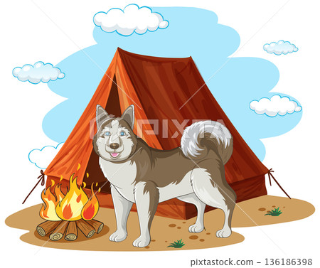 Siberian Husky Dog Standing Near Camping Tent and Burning Campfire Vector Siberian Husky Dog Standing Near Camping Tent and Burning Campfire Vector 136186398