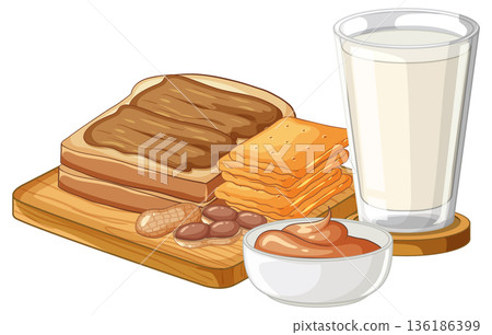 Peanut Butter Toast with Crackers and Glass of Milk Illustration 136186399