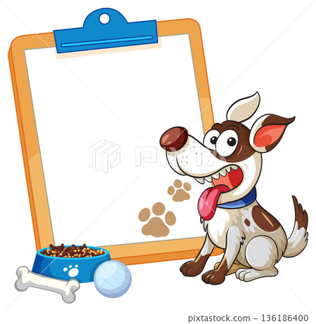 Cartoon Dog Sitting Next to a Blank Clipboard with Pet Accessories Cartoon Dog Sitting Next to a Blank Clipboard with Pet Accessories 136186400