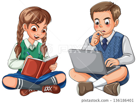School Kids Studying with Book and Laptop 136186401