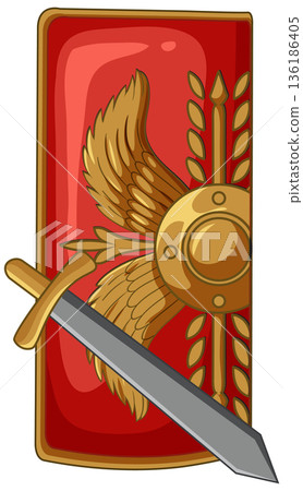 Ancient Roman Scutum Shield with Gladius Sword and Golden Wings 136186405
