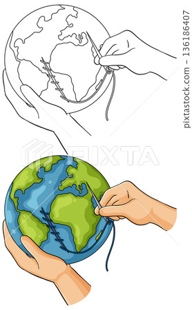 Hands Stitching Cracked Earth Globe Vector Illustration 136186407