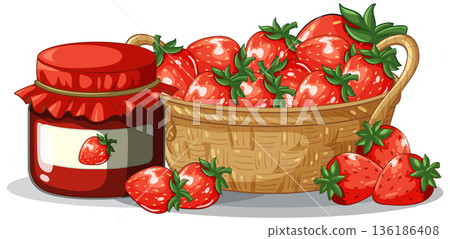 Fresh Red Strawberries in Wicker Basket with Homemade Fruit Jam Jar 136186408