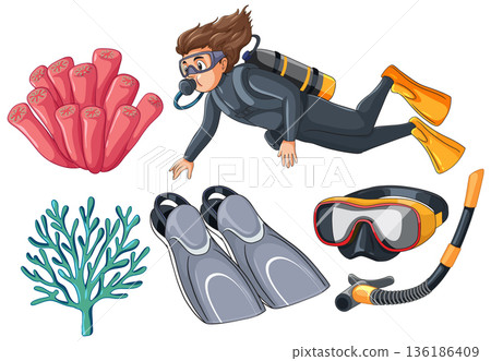 Scuba Diver and Underwater Equipment Vector Illustration Set on White Background Scuba Diver and Underwater Equipment Vector Illustration Set on White Background 136186409