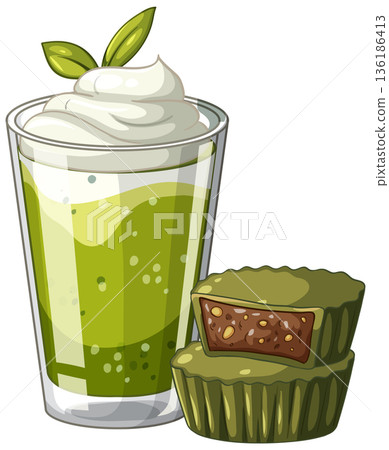 Matcha Green Tea Latte with Whipped Cream and Chocolate Filled Tarts Matcha Green Tea Latte with Whipped Cream and Chocolate Filled Tarts 136186413