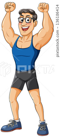 Smiling Muscular Man Raising Arms in Victory Pose Smiling Muscular Man Raising Arms in Victory Pose 136186414