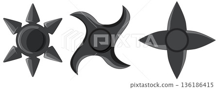Set of Three Black Ninja Shuriken Throwing Stars Vector Illustration Set of Three Black Ninja Shuriken Throwing Stars Vector Illustration 136186415