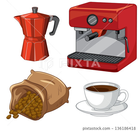 Red Espresso Machine Moka Pot and Coffee Beans Vector Illustration Set 136186418