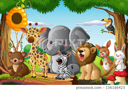 Cartoon Jungle Animals Gathering in Forest Clearing 136186423