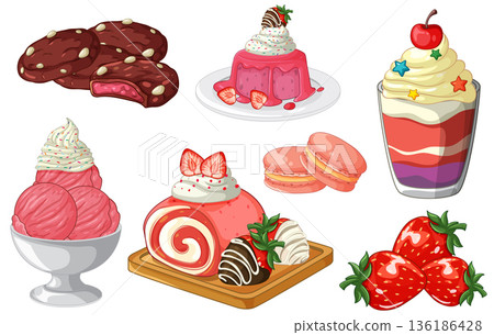 Assorted Strawberry and Chocolate Dessert Vector Illustrations on White Background Assorted Strawberry and Chocolate Dessert Vector Illustrations on White Background 136186428