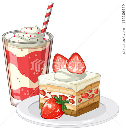 Strawberry Shortcake Slice and Layered Fruit Smoothie with Whipped Cream 136186429