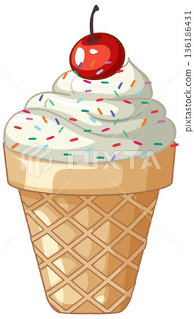 Soft Serve Vanilla Ice Cream Cone with Sprinkles and Cherry Soft Serve Vanilla Ice Cream Cone with Sprinkles and Cherry 136186431