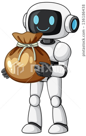 Smiling Robot Holding Large Money Bag Vector Illustration Smiling Robot Holding Large Money Bag Vector Illustration 136186438