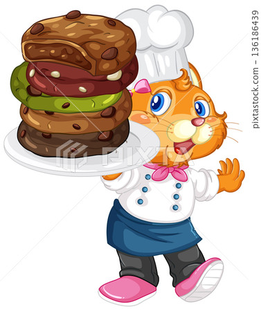 Cartoon Cat Chef Holding a Large Stack of Assorted Chocolate Cookies Cartoon Cat Chef Holding a Large Stack of Assorted Chocolate Cookies 136186439