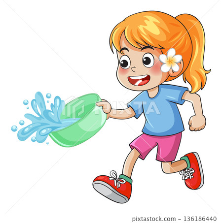 Cartoon Girl Running and Splashing Water During Songkran Festival Celebration 136186440