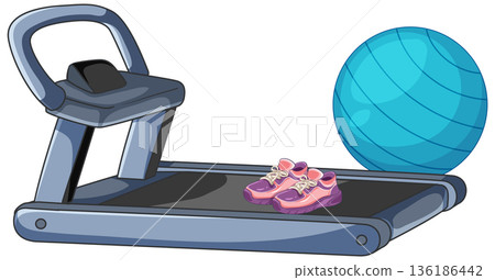 Vector Illustration of Treadmill with Running Shoes and Exercise Ball 136186442