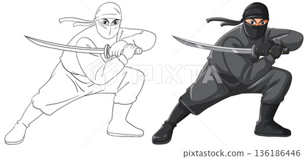 Ninja Warrior Crouching with Katana Sword in Outline and Color 136186446