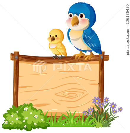 Two Colorful Birds Perched on Wooden Sign in Garden Two Colorful Birds Perched on Wooden Sign in Garden 136186450
