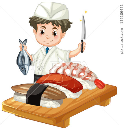 Cartoon Japanese Sushi Chef Holding Fresh Fish and Knife Behind Nigiri Platter Cartoon Japanese Sushi Chef Holding Fresh Fish and Knife Behind Nigiri Platter 136186451
