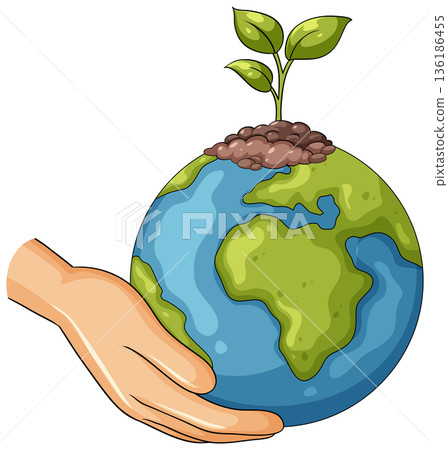 Human Hand Holding Earth with Growing Green Plant Human Hand Holding Earth with Growing Green Plant 136186455