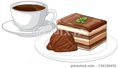 Vector Illustration of Tiramisu Cake with Chocolate Ice Cream and Coffee Vector Illustration of Tiramisu Cake with Chocolate Ice Cream and Coffee 136186456