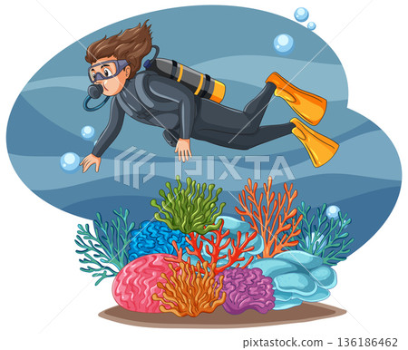 Scuba Diver Swimming Underwater Over Colorful Coral Reef Vector Illustration Scuba Diver Swimming Underwater Over Colorful Coral Reef Vector Illustration 136186462