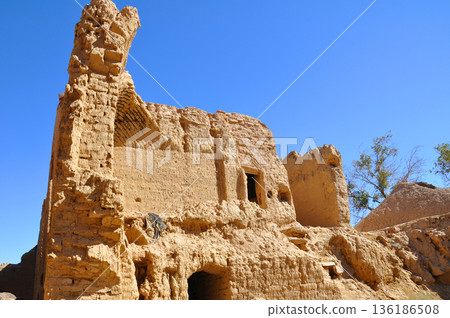 Iran, Silk Road, ruins near Yazd, Hanaq Citadel ruins, multi-story adobe building 136186508