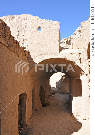 Iran, Silk Road, ruins near Yazd, Hanaq Citadel ruins, multi-story adobe building 136186513