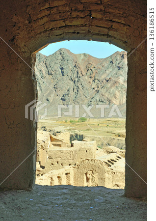 Iran, Silk Road, ruins near Yazd, Hanaq Citadel ruins, multi-story adobe building 136186515