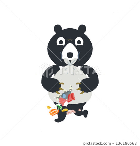 黑熊叼著垃圾逃跑的插圖——垃圾破壞警告 136186568