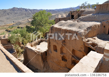 Iran, Silk Road, ruins near Yazd, Hanaq Citadel ruins, multi-story adobe building 136186758