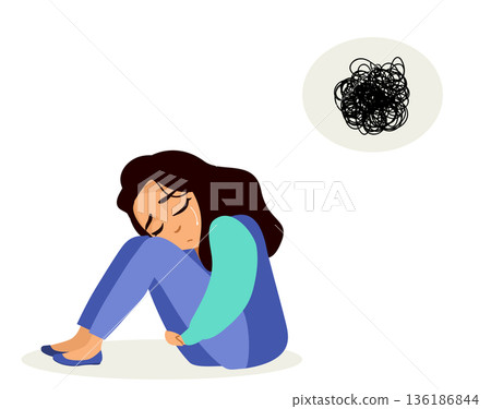 Depressed Hispanic Woman Cartoon Vector Illustration 136186844