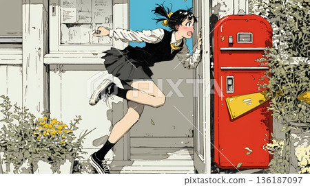 一名高中女生很著急，因為她快要遲到了。 136187097