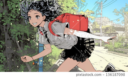 A high school girl is in a hurry because she is about to be late for school 136187098