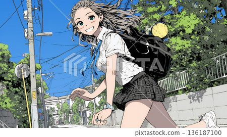 一名高中女生很著急，因為她快要遲到了。 136187100