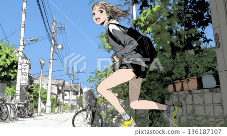 一名高中女生很著急，因為她快要遲到了。 136187107