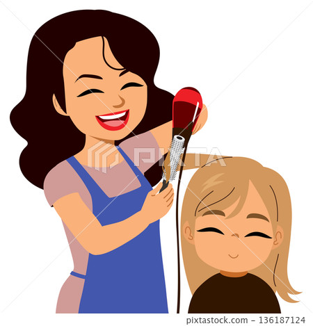 Hairdresser Drying Girl's Hair Cartoon Illustration 136187124