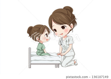 一名護士在病房裡鼓勵一名住院兒童。 136187149