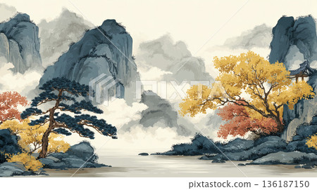中國風秋山水景插畫 136187150