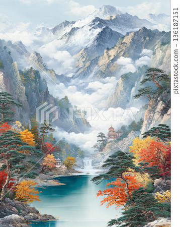 Chinese-style landscape illustration of autumn mountains and rivers 136187151