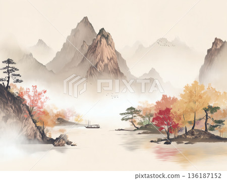 Chinese-style landscape illustration of autumn mountains and rivers 136187152