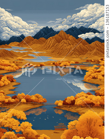 Chinese-style landscape illustration of autumn mountains and rivers 136187153