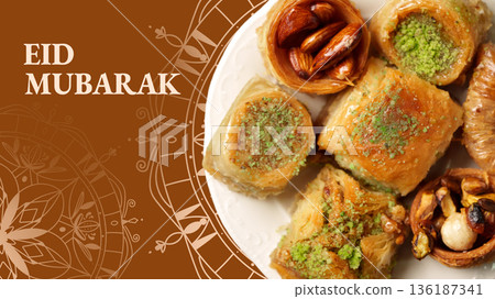 Treats for celebration during Ramadan with sweets and nuts on a plate Treats for celebration during Ramadan with sweets and nuts on a plate 136187341