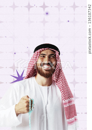 Man smiling while holding prayer beads during Ramadan celebration in a festive setting 136187342