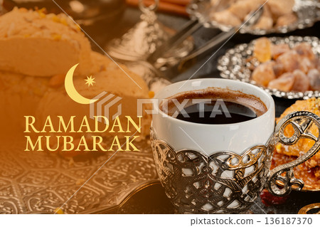 Celebration of Ramadan with coffee and sweets during evening gathering 136187370