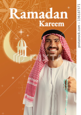 Celebration of Ramadan with a man holding prayer beads in traditional attire 136187371