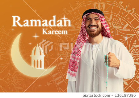 Celebrating Ramadan with a man in traditional dress holding prayer beads in a festive setting Celebrating Ramadan with a man in traditional dress holding prayer beads in a festive setting 136187380