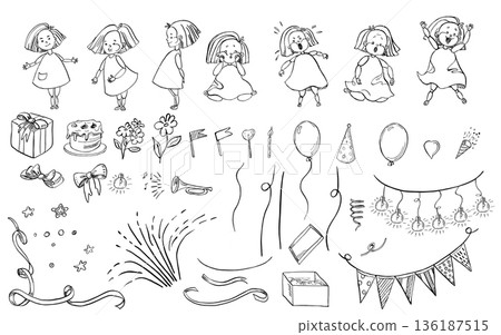 A set of birthday-themed elements. Vector illustrations for creating holiday-themed projects, childhood-themed projects, interior design, and printing cards and posters. 136187515