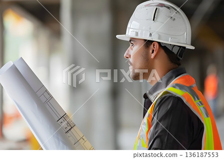 安全管理圖片：一名戴著安全帽的建築工地經理正在檢查藍圖 136187553