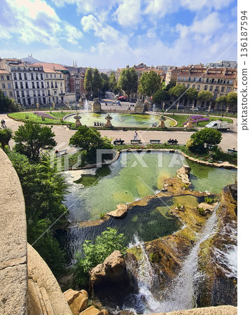Marseille, France. The ponds in the lower part of the Palace Longchamp. The Palace Longchamp is a monument in the 4th arrondissement of Marseille, France. Marseille, France. The ponds in the lower part of the Palace Longchamp. The Palace Longchamp is a monument in the 4th arrondissement of Marseille, France. 136187594